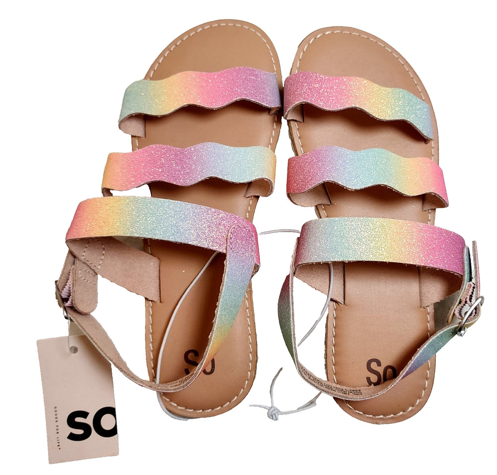 SO Youth Girl's Slip On Single Buckle Slide Sandals Rainbow Size:2